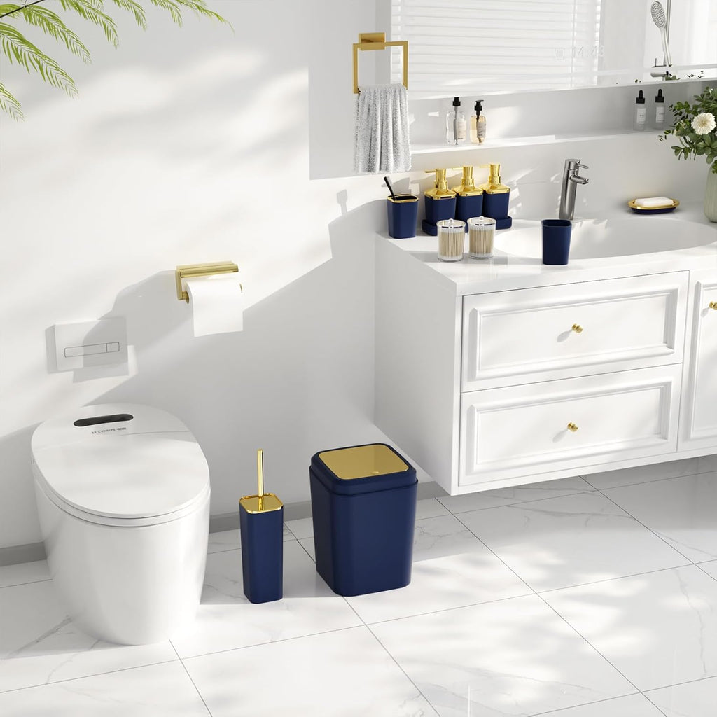 Bathroom Set - Bathroom Sets with Shower Curtain and Rugs, Bathroom Accessory Set, Navy Blue Bathroom Accessories Set with Trash Can, Toilet Brush and Soap Dispensers