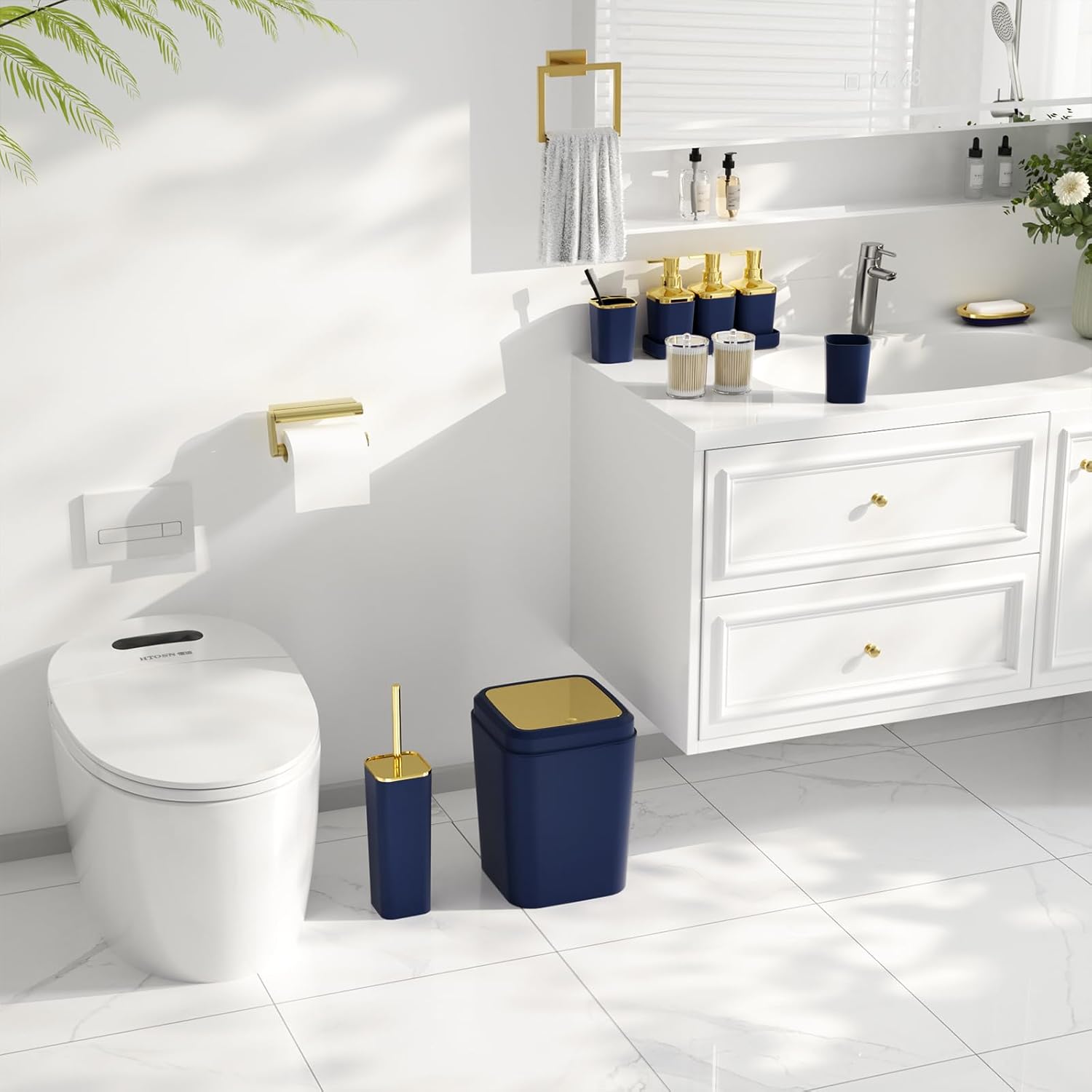 Bathroom Set - Bathroom Sets with Shower Curtain and Rugs, Bathroom Accessory Set, Navy Blue Bathroom Accessories Set with Trash Can, Toilet Brush and Soap Dispensers