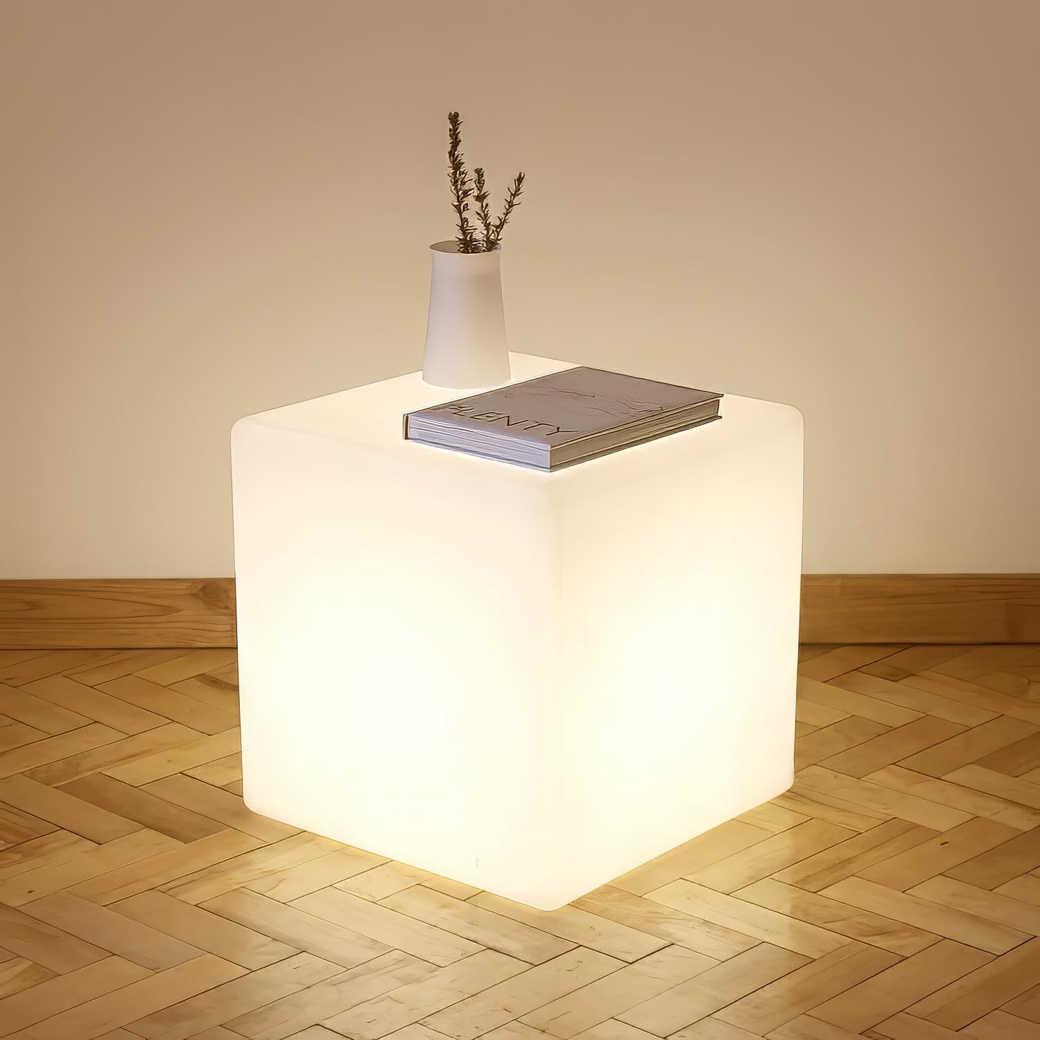 Mr.Go 14-Inch Color Changing LED Cube Light Stool, Glow Cube Seat for Kids, Modern LED Light Side Table, 16 RGB Colors LED Mood Lighting, Ideal for Home Garden Patio Bar Pool Party Decorative Lighting
