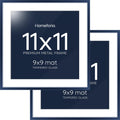 Homeforia 11x11 Navy Blue Picture Frame, High End Metal 11 by 11 Square Frames with Mat 9 x 9 Photo, 11by11 Poster Frame Matted to 9x9 inch Art, Wall Hanging Frames, Tempered Glass, Wall Kit, Set of 2