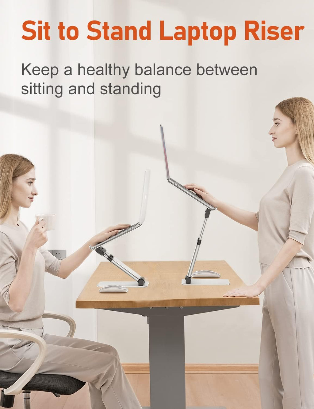 Ergonomic Laptop Stand for Desk, Sit to Stand Laptop Riser, Adjustable Height up to 21", Standing Computer Stand, Promote Healthy Posture Compatible with MacBook Air Pro, All Laptops 10-17"-Silver