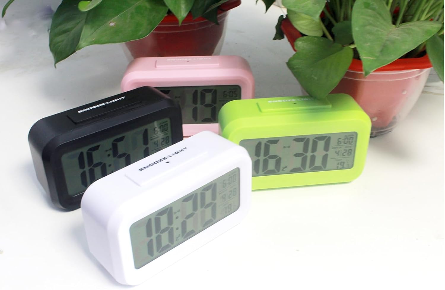 Digital Alarm Clock with LCD Display, Desk Smart Electronic Small Clock with Indoor Temperature, Date, Light Sensor, Backlight, Battery Operated, for Home Bedroom Kids Office (Green)