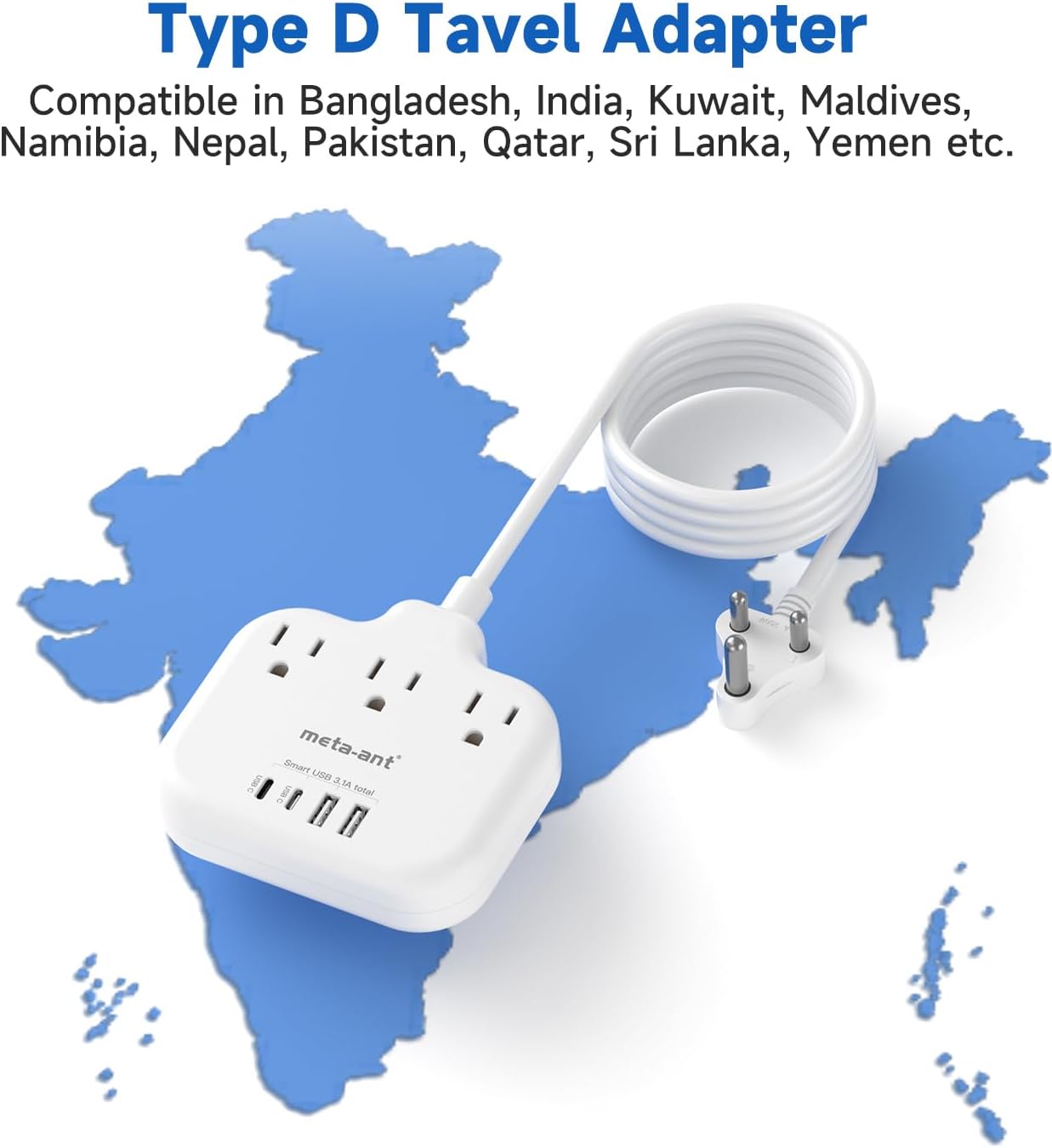 US to India Plug Adapter, meta-ant India Power Adapter with 3 American Outlets 4 USB Charger Ports(2 USB C), 5FT India Extension Cord, Type D Travel Adapter for USA to India Bangladesh Maldives Nepal