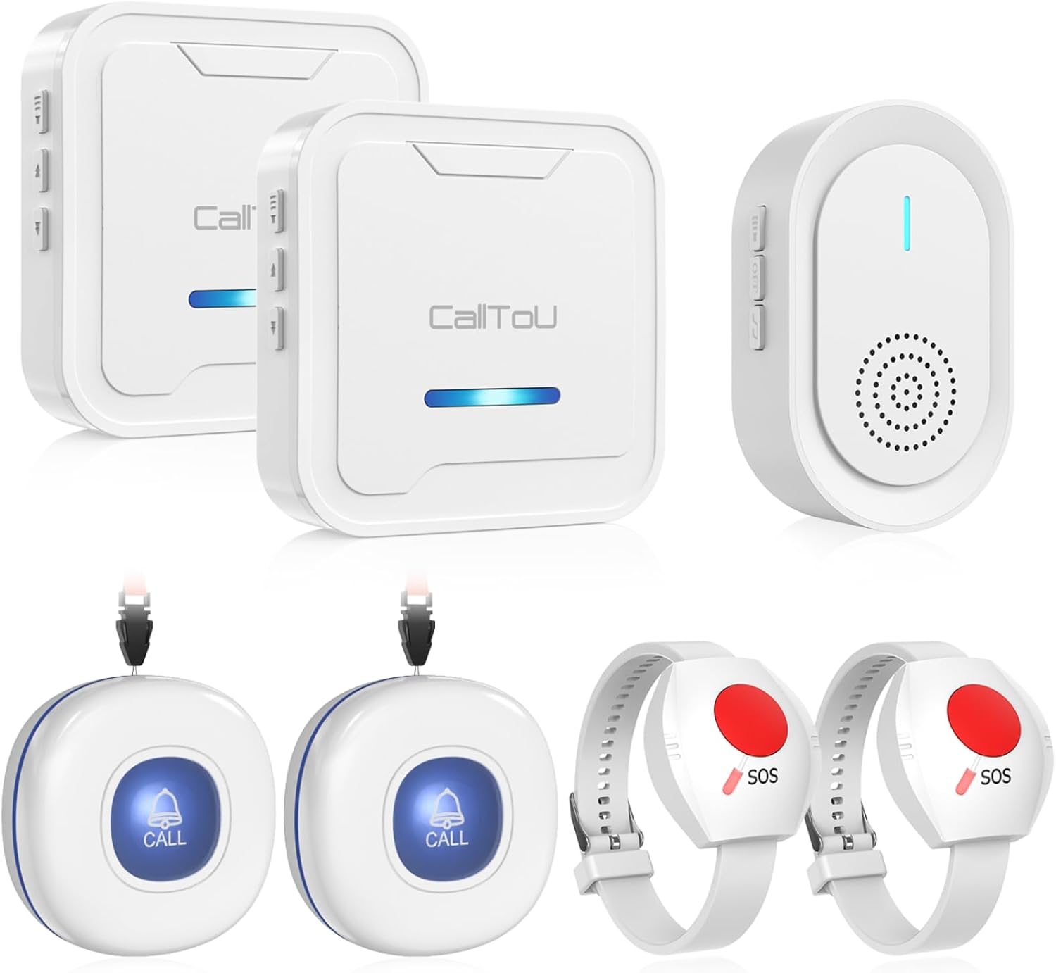 CallToU Wireless Caregiver Pager Call Button for Elderly - Nurse Alert System with 4 SOS Panic Button, 500+ Feet Range, 1 USB Receiver & 2 Plug-in Receiver for Home Care Seniors Monitoring