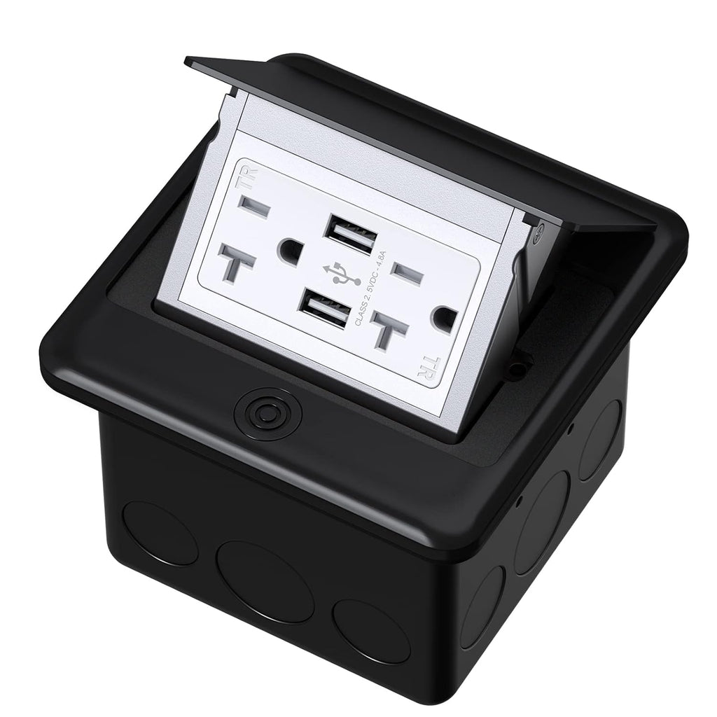KYHSHJ 4.8A USB Chargers Pop Up Floor Waterproof Electrical Outlet Receptacle Stainless Steel Box,Black