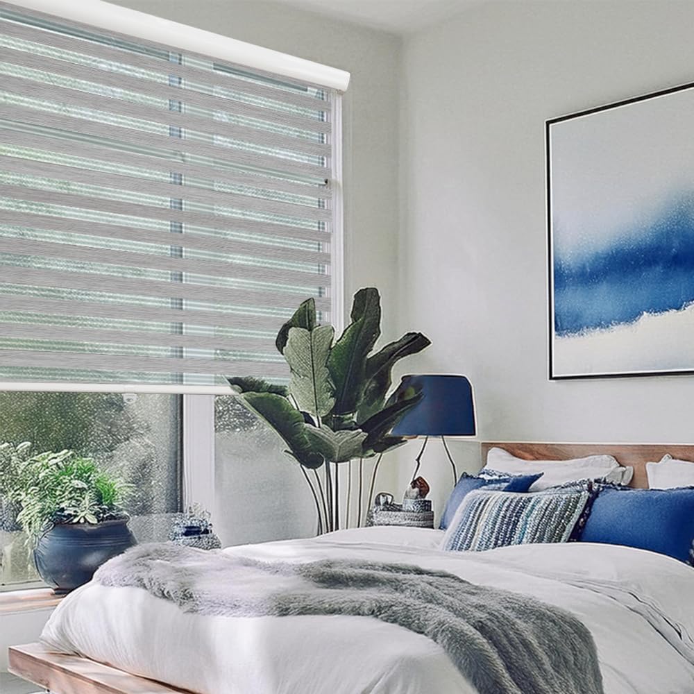 Shadesu Cordless Zebra Blinds for Windows, 64" W x 72" H, Grey, Dual Layer Free-Stop Zebra Shades, Light Control for Day and Night, Sheer Blinds for Indoor Windows, Bedroom, Kitchen