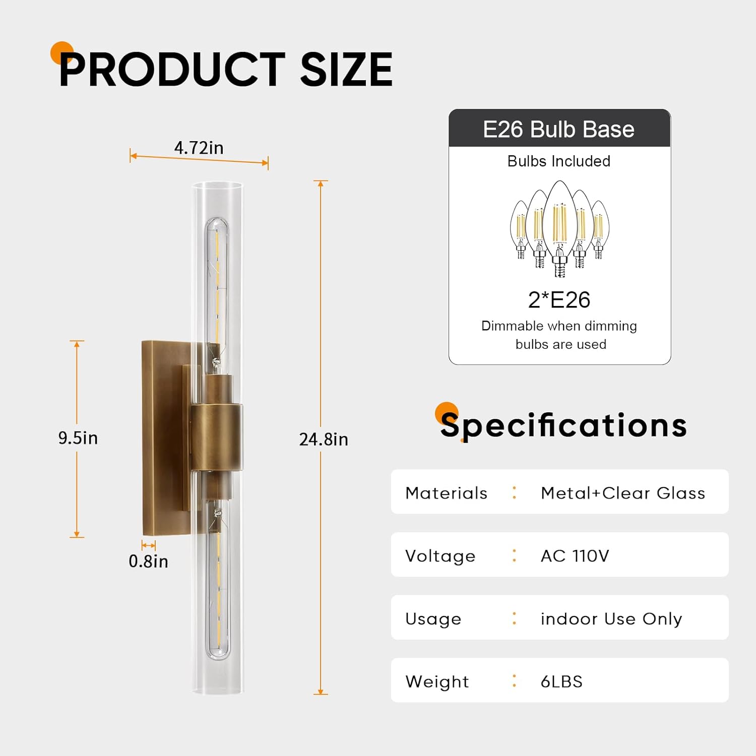 24.8" L Minimalist Style Wall Sconces 2-Lights Brass Wall Lights Fixtures Morden Cylinder Wall Light for Bathroom Vanity Light Indoor Wall Mounted Lamps for Living Room,Bedroom,Hallway