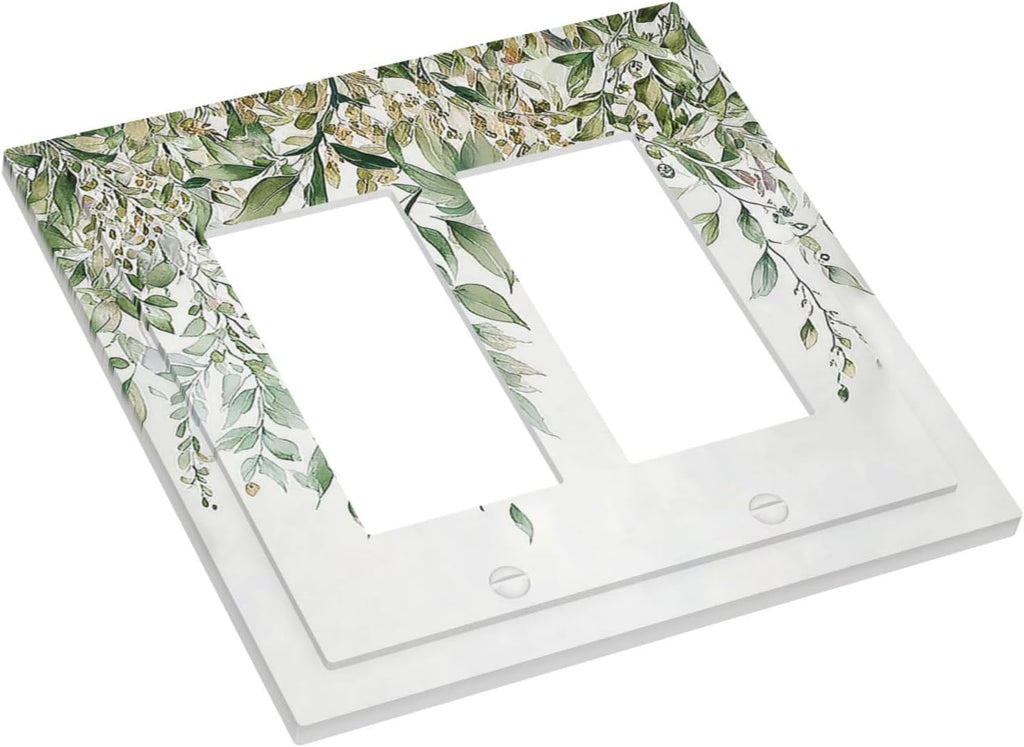 Decorative Outlet Covers Sage Green Eucalyptus Watercolor Plant Leaves 2 Gang Double GFCI Rocker Electrical Wall Panels Light Switch Cover Plate for Bedroom Bathroom Decor