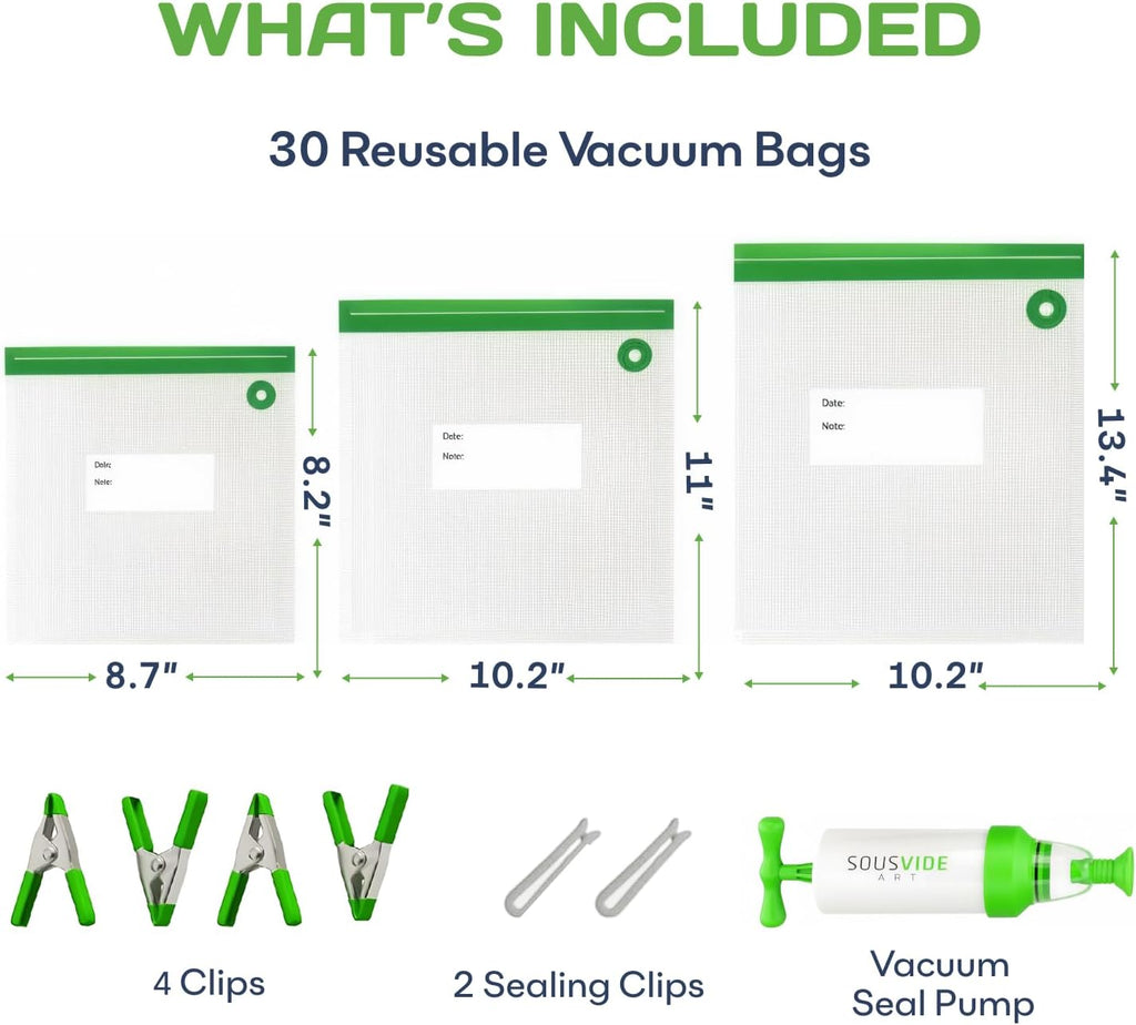 SOUSVIDE ART 37pcs Reusable Vacuum Seal Bags with Vacuum Sealer - 30 Cooking and Storage Bags of 3 Sizes with Pump and Sous Vide Cooker Accessories - Food Safe Kit, Keeps Food Fresh