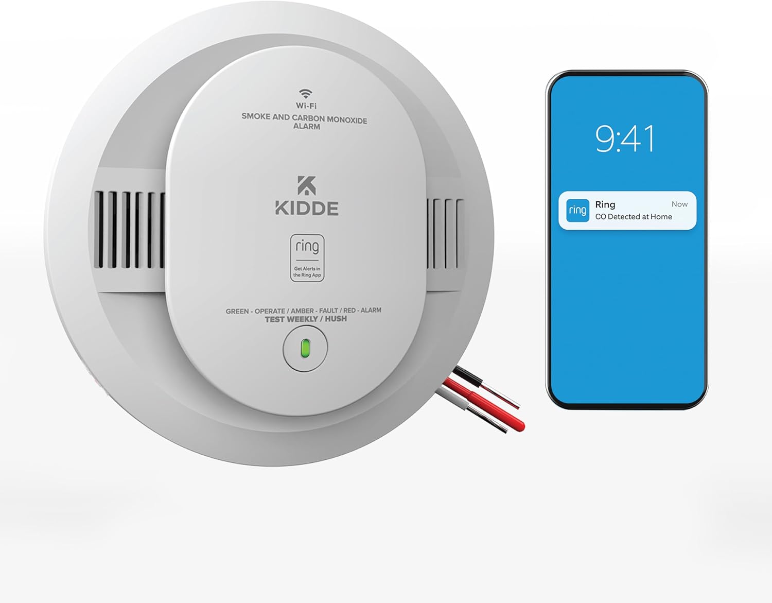 Kidde Smart Smoke and Carbon Monoxide Detector, Ring App Enabled for Real-Time Notifications, Hardwired Alarm, AA Backup Battery