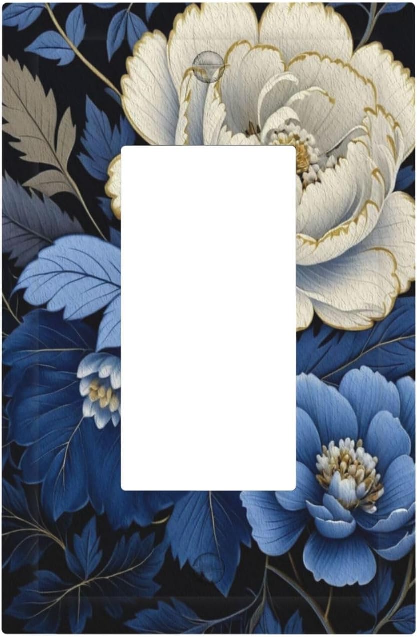 Blue White Flowers Single Decora Outlet Wall Plate 1 Gang Rocker Decorative Switchplate Faceplate GFCI Light Switch Covers for Home Living Decor