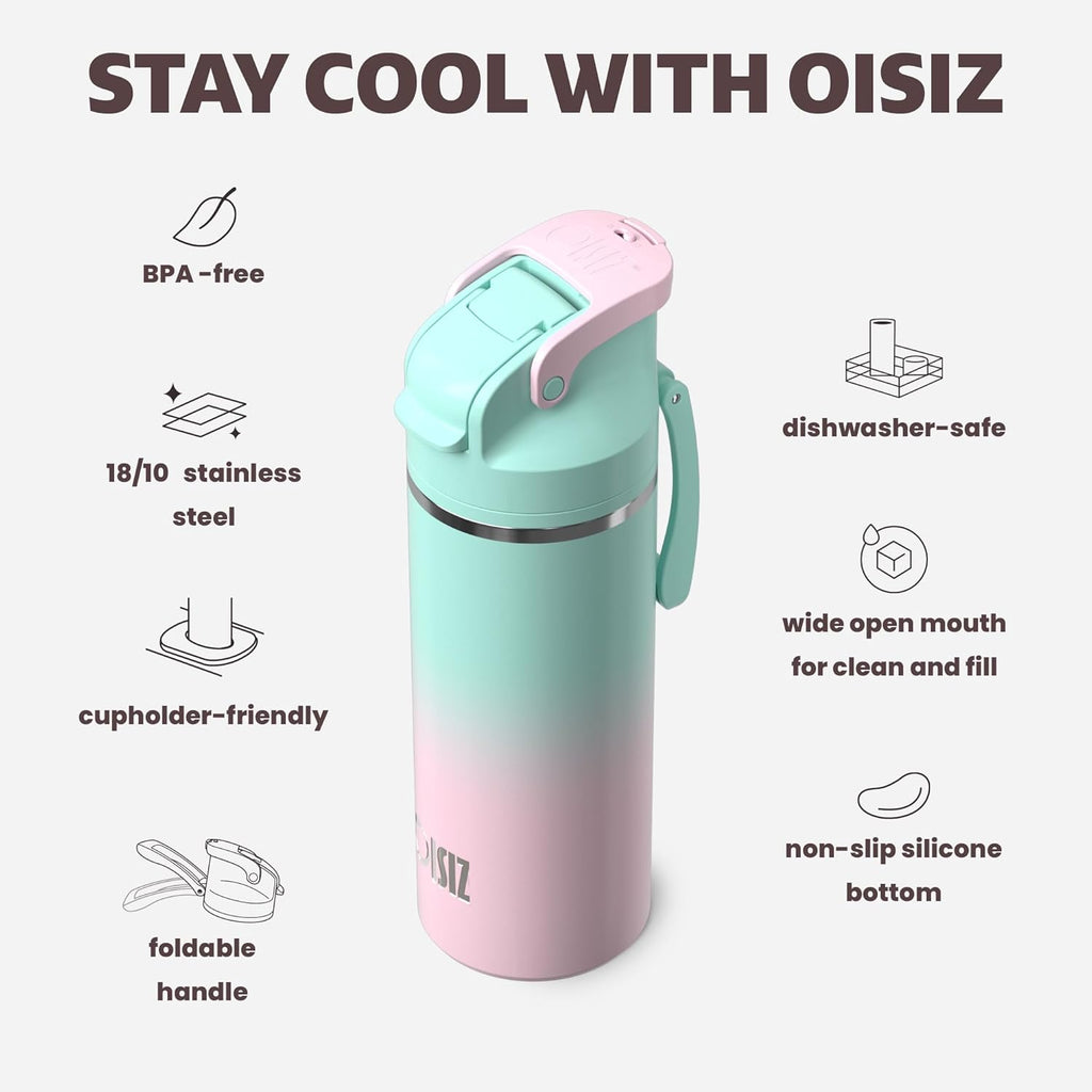 OISIZ Insulated Water Bottle 20 oz with 2 in 1 Spout and Straw Lid,One Click Safety Lock,100% Leakproof,Keep Cold 24H,Vacuum Stainless Steel Water Bottle for School,Travel and Sports,Dishwasher Safe