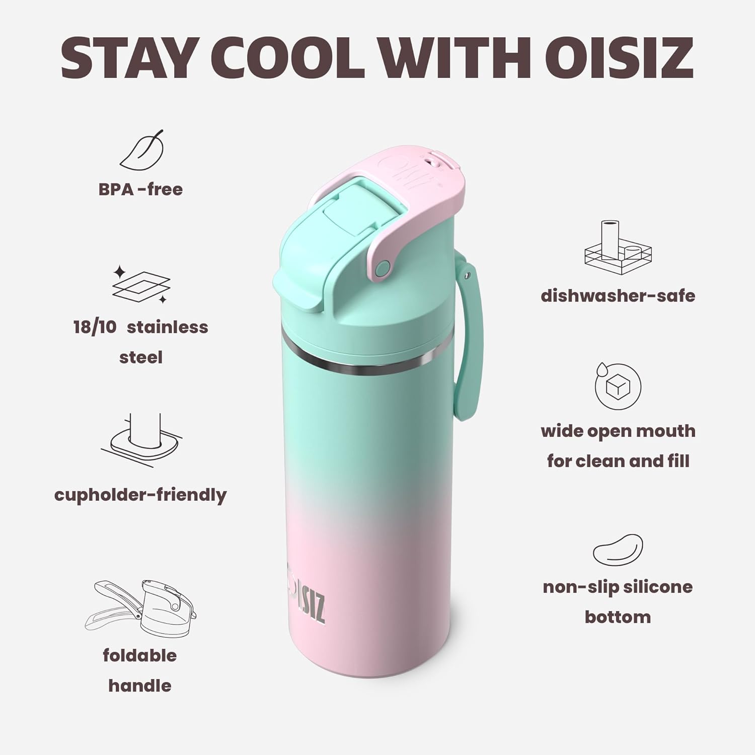 OISIZ Insulated Water Bottle 20 oz with 2 in 1 Spout and Straw Lid,One Click Safety Lock,100% Leakproof,Keep Cold 24H,Vacuum Stainless Steel Water Bottle for School,Travel and Sports,Dishwasher Safe