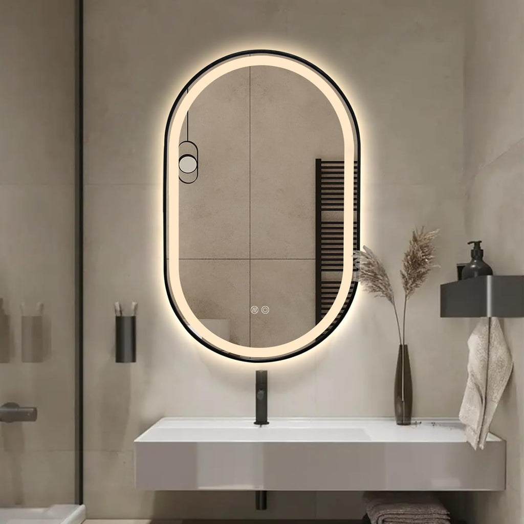 Niccy Oval LED Mirror for Bathroom, 36x24 Front Lit + Backlit Vanity Mirrors with Light Anti-Fog, Shatter-Proof, 3 Colors, Makeup Mirror with Black Frame (Horizontal/Vertical)