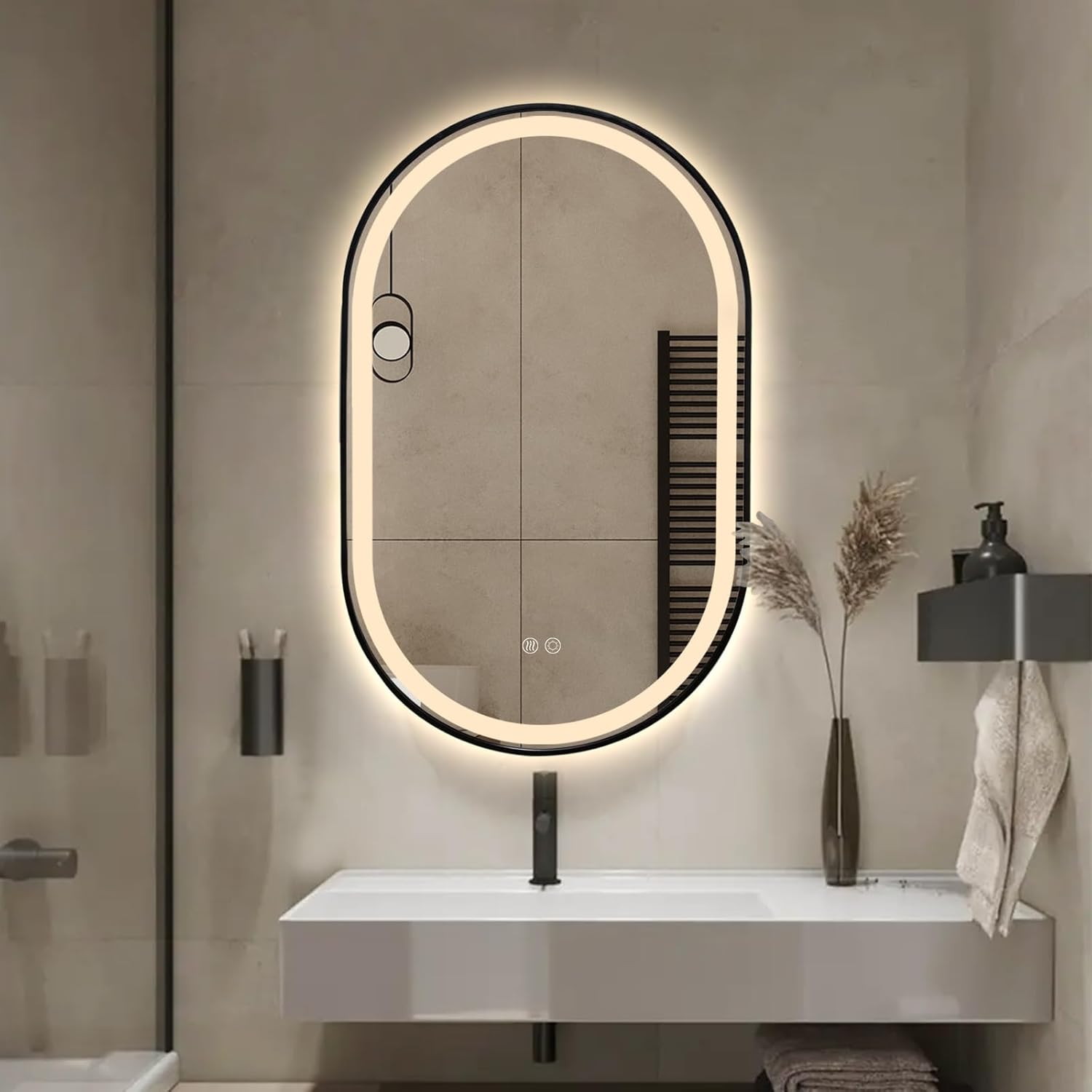 Niccy Oval LED Mirror for Bathroom, 36x24 Front Lit + Backlit Vanity Mirrors with Light Anti-Fog, Shatter-Proof, 3 Colors, Makeup Mirror with Black Frame (Horizontal/Vertical)