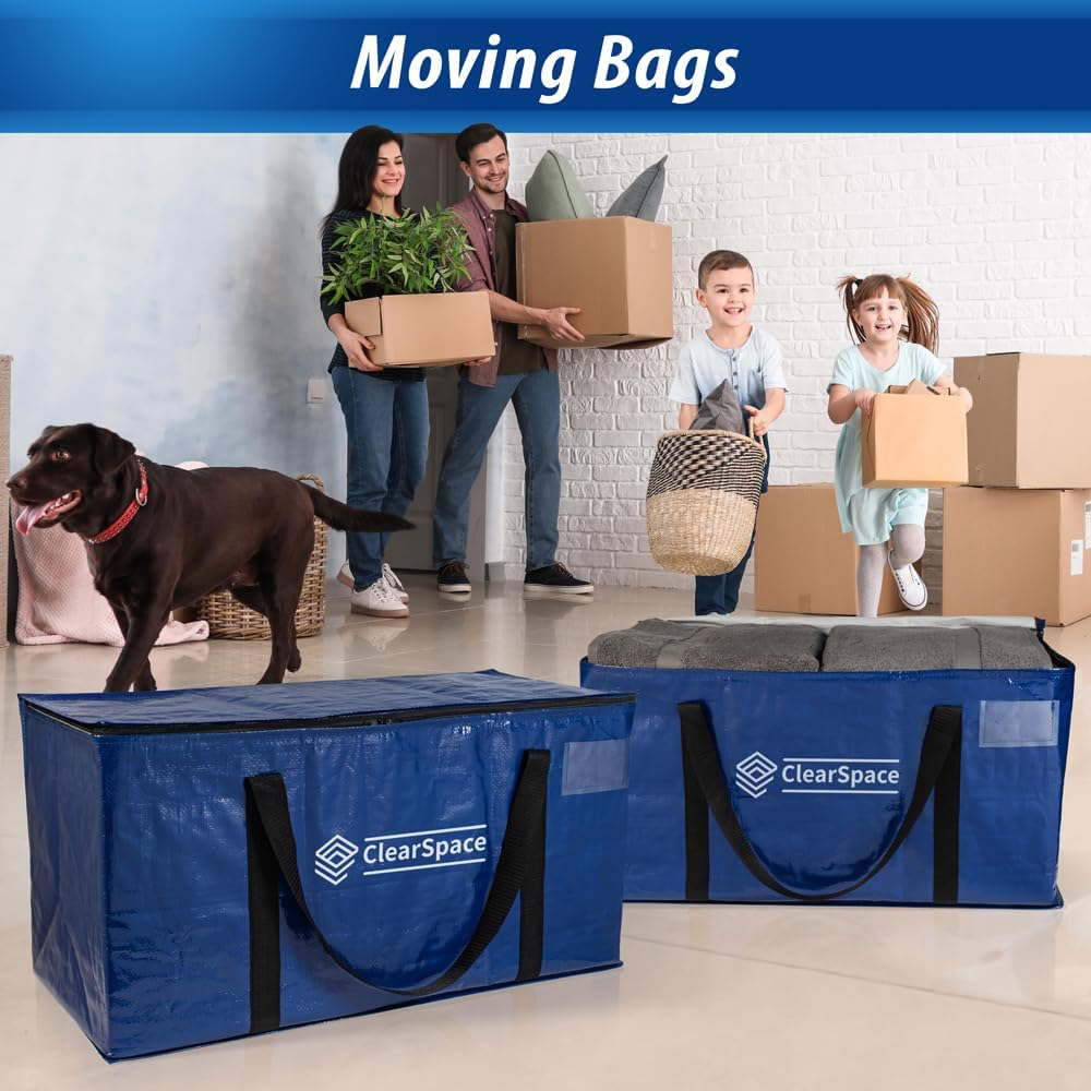 ClearSpace Heavy Duty Moving Bags or Storage Bag – Large Moving Boxes with Backpack Straps, Zippers & Handles – Perfect for Moving, College Dorm, Traveling, Camping, Christmas Decorations, 6 Pack