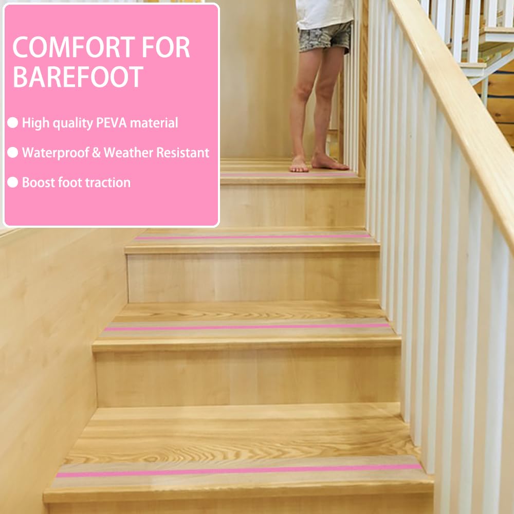 Anti Slip Tape, Clear Glow in The Dark Traction Grip Tape, 2 Inch x 32.8ft Waterproof Indoor/Outdoor, Non Slip Stair Treads Safety Tape(Clear with a line of Glow,Pink, 2" Width)