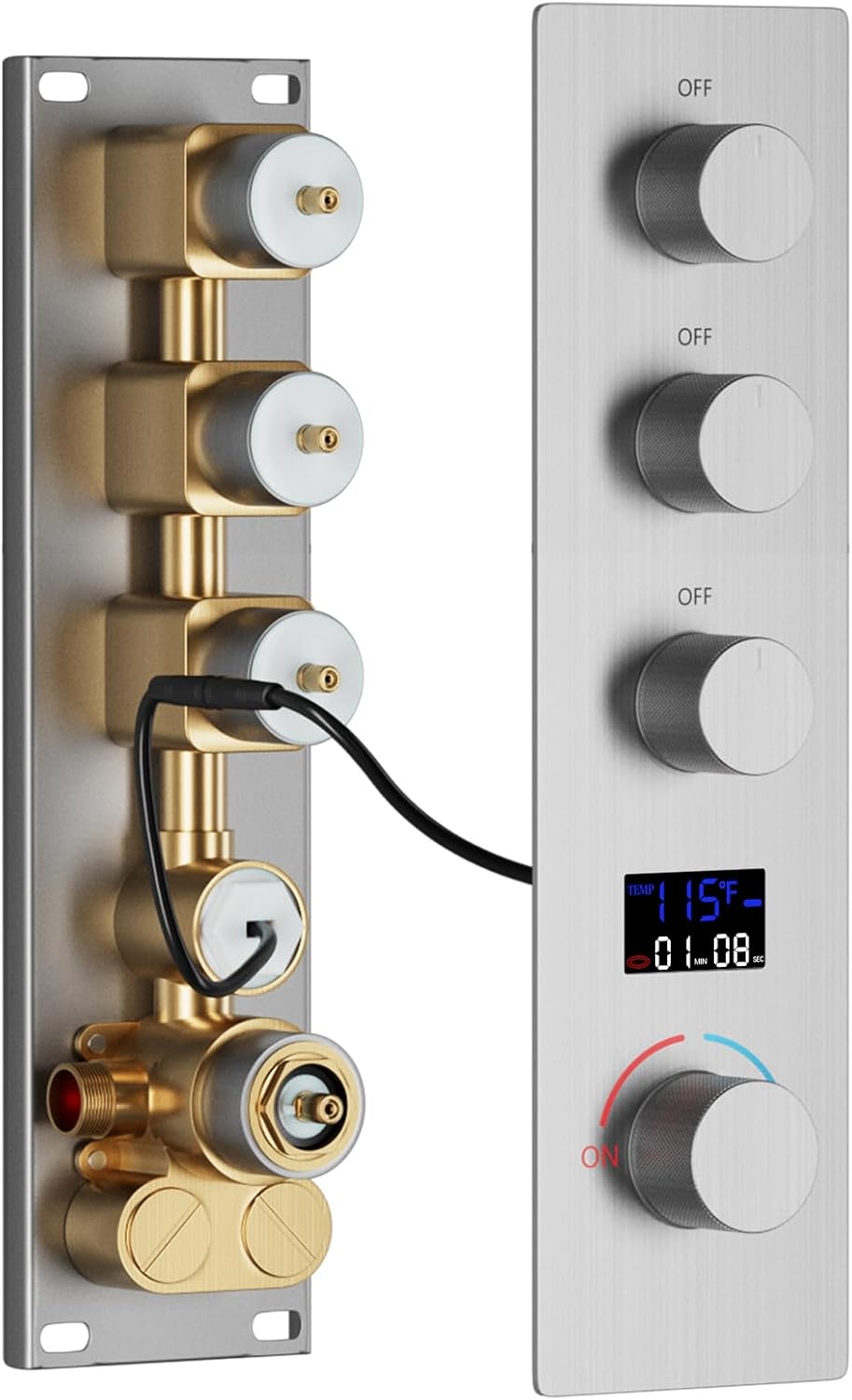 Triple Function Shower Diverter Digital Display Shower Mixer Valve Kit Replacement Temperature Control Valve with Individual On Off Flow Control Shower Valve, Brushed Nickel