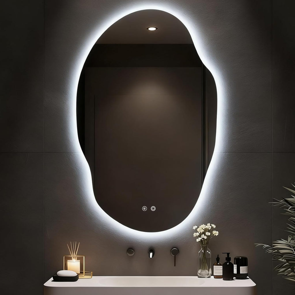 Asymmetrical Bathroom Mirror with Lights,Irregular LED Bathroom Vanity Mirror with Backlit,Anti-Fog,3 Colors and Dimmable Light with Memory,Hardwired Supported[Horizontal/Vertical] 48" H x 30" W