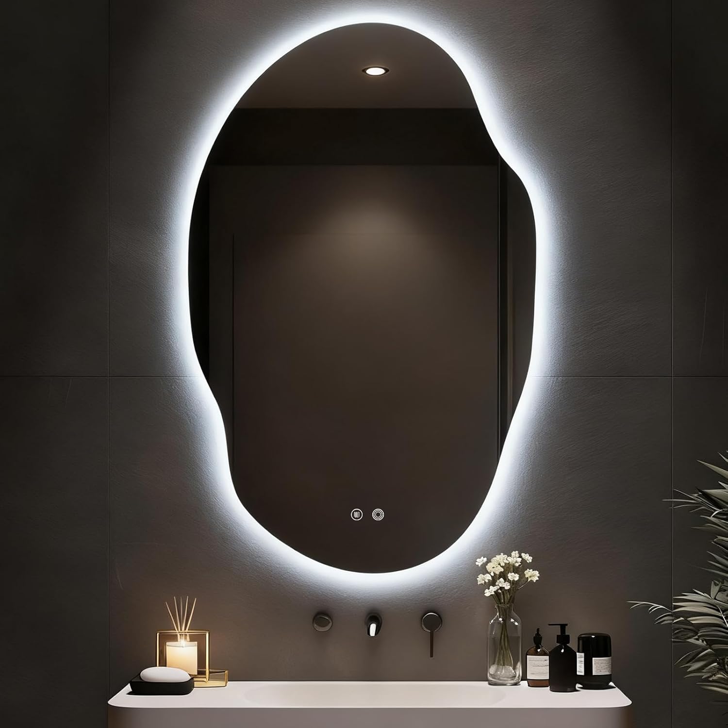 Asymmetrical Bathroom Mirror with Lights,Irregular LED Bathroom Vanity Mirror with Backlit,Anti-Fog,3 Colors and Dimmable Light with Memory,Hardwired Supported[Horizontal/Vertical] 48" H x 30" W