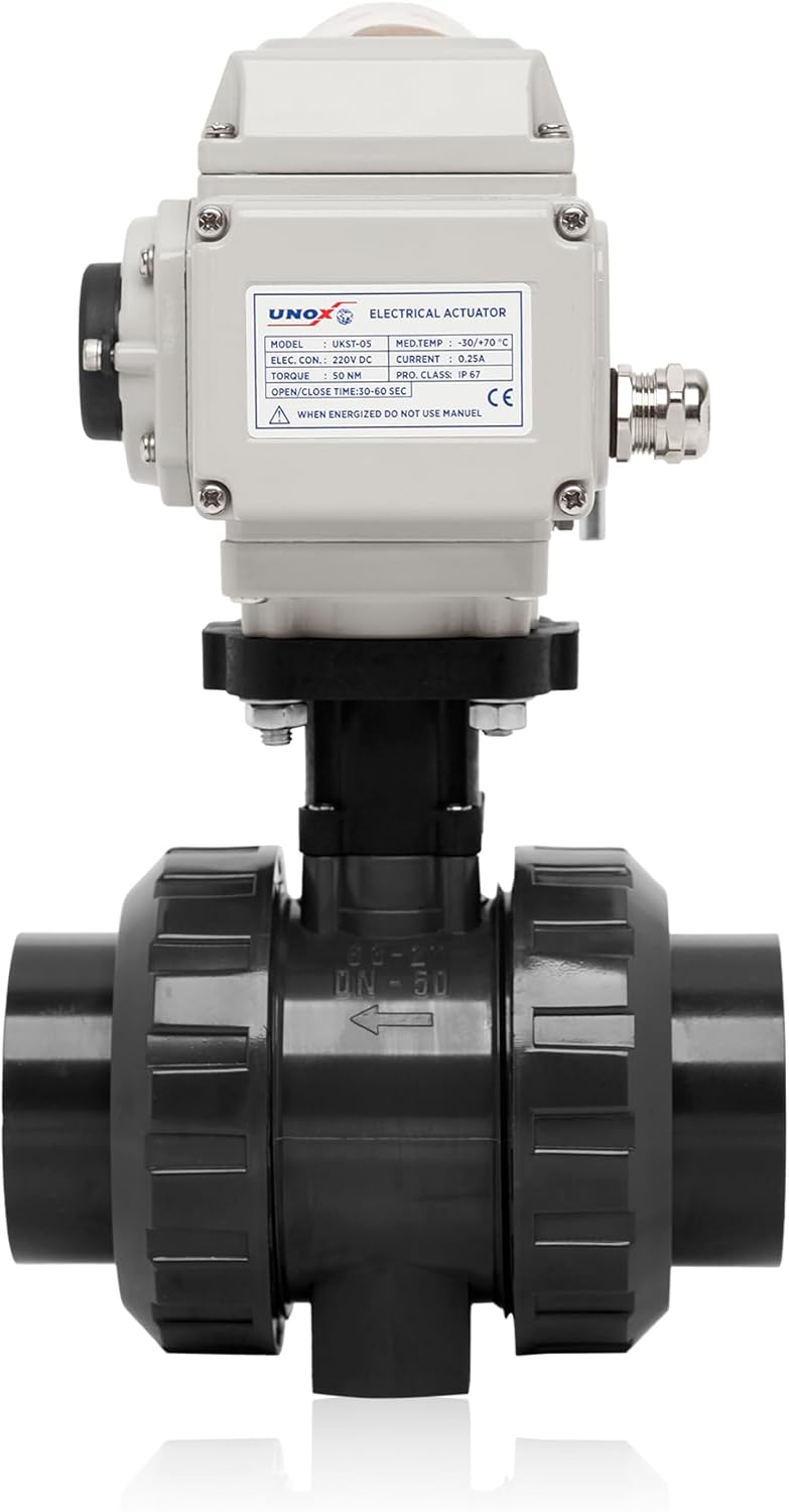 Unox 110V AC Electric Actuated Ø50 (1 1/2") U-PVC Ball Valve, Motorized Ball Valve For Water - PN16