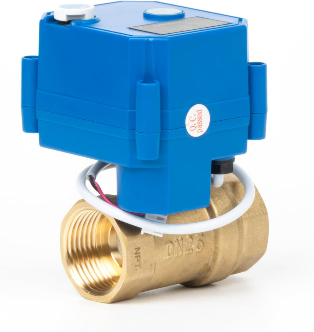 U.S. Solid Motorized Ball Valve with Manual Function - 1" Brass, Standard Port, 85-265V AC, 2-wire Automatic Return, Normally Closed