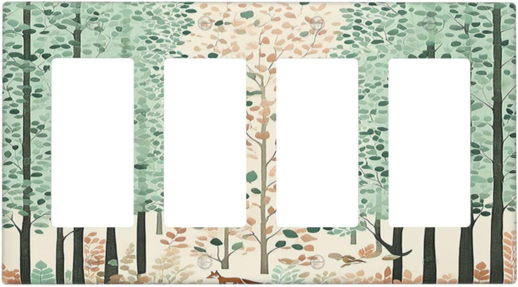Boho Wildflower Forest Woodland Animals Wallplates 4 Gang Quad Rocker Decorative Light Switch Covers Electrical GFCI Faceplate Switch Plate for Bedroom Bathroom Decor