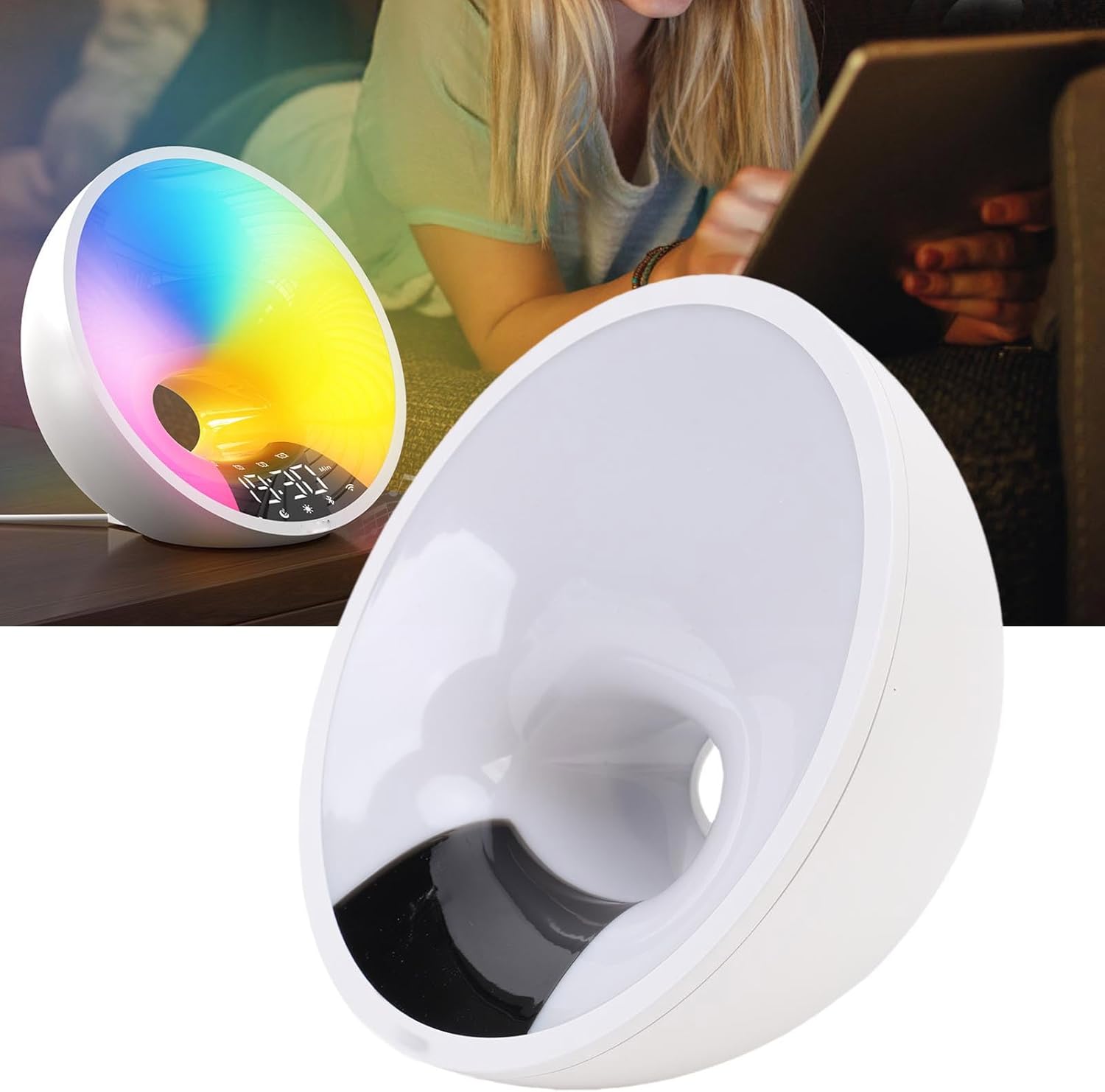 Fafeicy Sunrise Alarm Clock, Wake Up Light with Sunset Simulation 7 Color Changing Night Light Ambient Speaker Phone Charging Dock for Bedroom Dorm Sleep Aid (US Plug 100-240V)