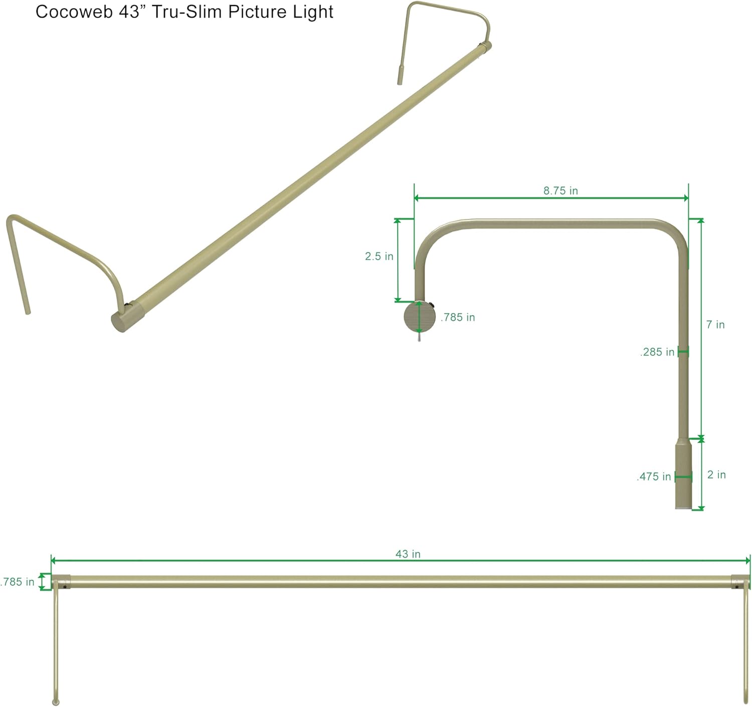 Cocoweb 43 Inch Tru-Slim Antique Brass Picture Light - LED, 2700K, Adjustable Arm, Plug-in, Toggle Switch, Sleek and Compact Design