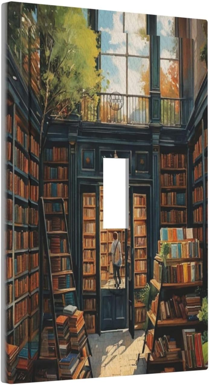 Library With A Lot Of Books Light Switch Covers 1 Gang Single Toggle Wall Plate Decorative Switchcover Electrical Switchplate for Country Living Decor