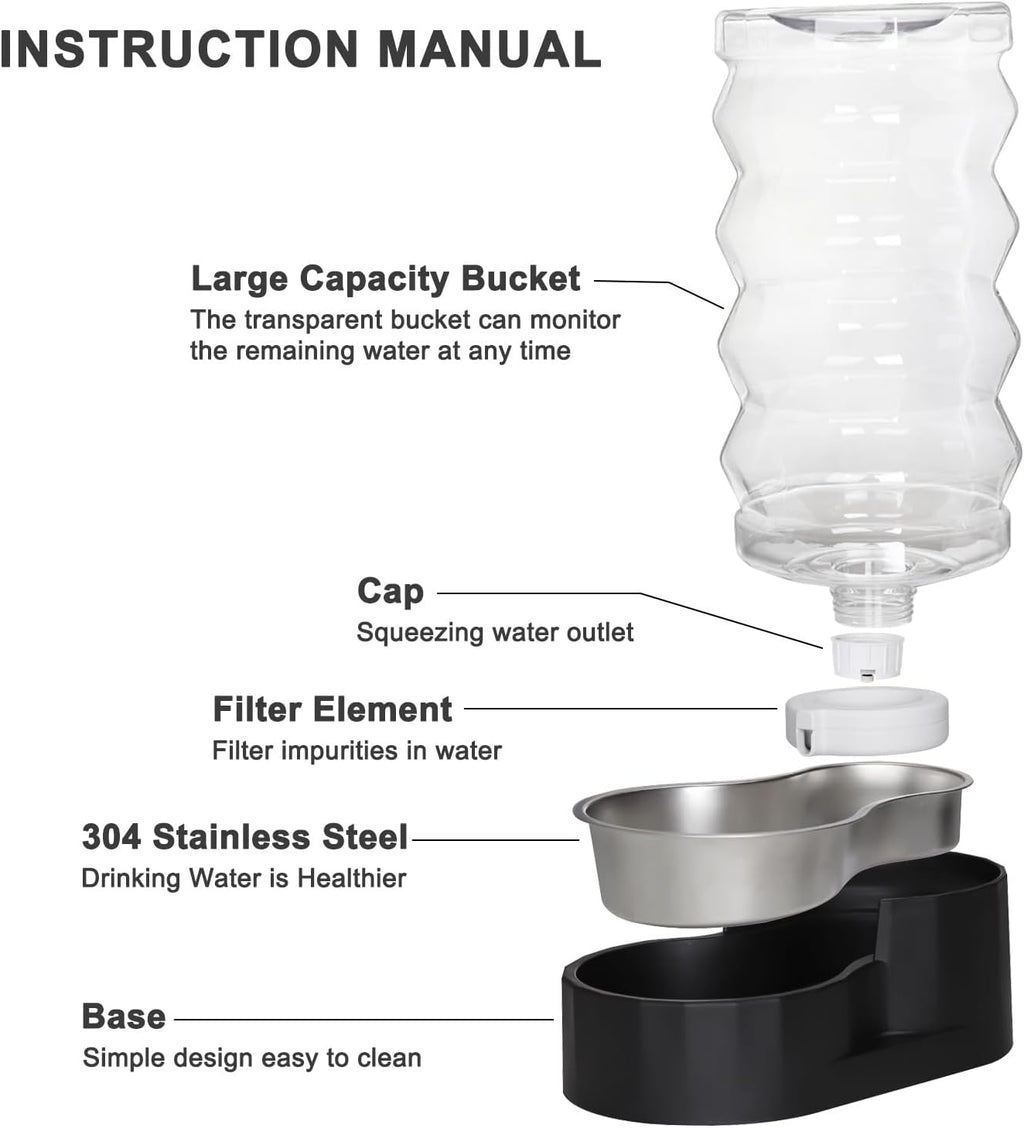 RIZZARI Large Dog Water Dispenser: Stainless Steel Pet Water Bowl - 9L Black Stainless Steel Automatic Pet Gravity Feeder with Filter Indoor/Outdoor