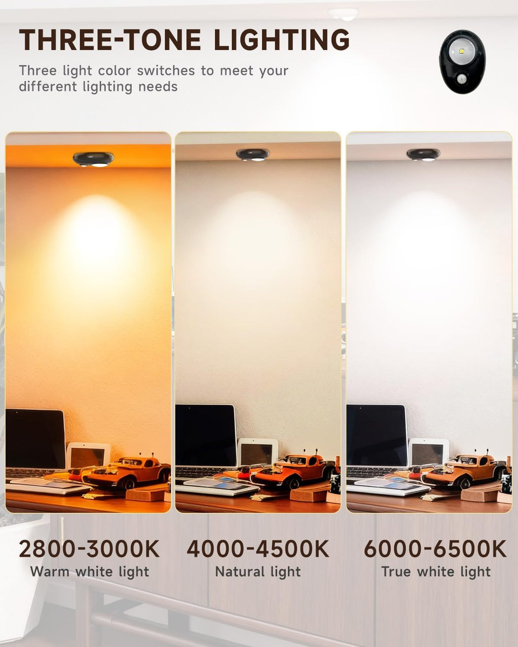 LEPOTEC LED Puck Lights, Rechargeable Battery Light,3 Color Temps Tap Lights,Wireless Closet Light,Under Cabinet Lighting,Magnetic Sitck On Lights for Kitchen,Closet,Pantry,Shelves(3 Pack)