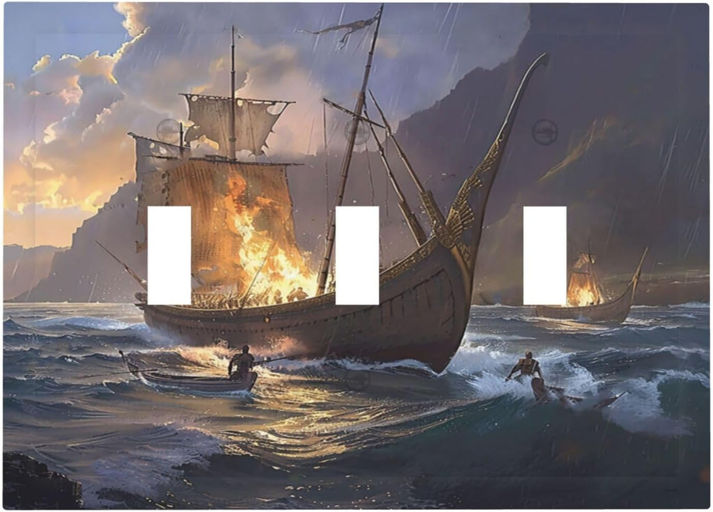 Decorative Light Switch Cover Plate Medieval Vintage Sailing Adventure Sailings Ocean Waves 3 Gang Wall Plate Triple Toggle Switch Plate Covers Electrical Outlet Cover for Bedroom Cabin
