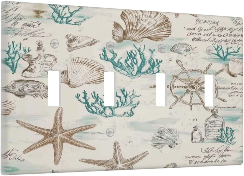 Mid Century Seashells Starfish Compass Light Switch Covers Quad Toggle Electrical Faceplate 4 Gang Wall Plate Decorative Switch Plates For Nursery Kids Room Decor