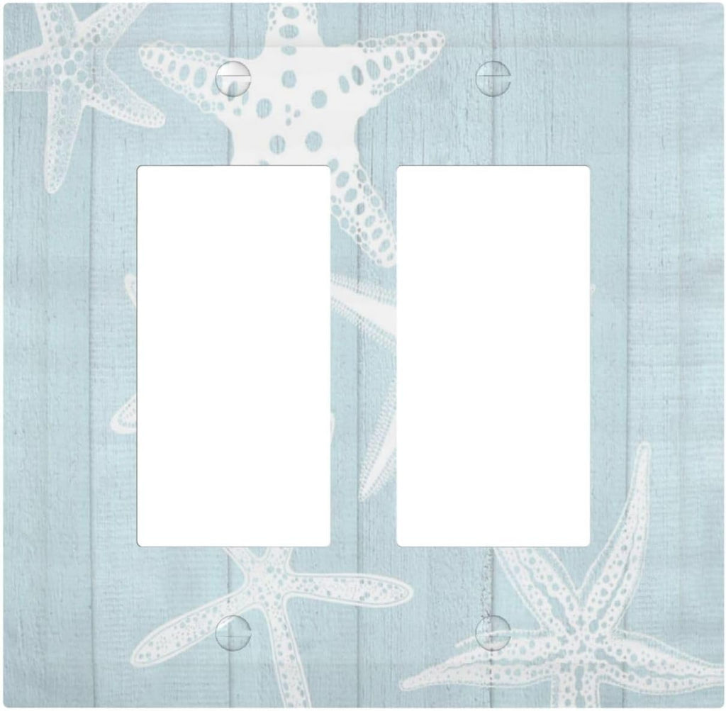 Beach Starfish Vintage Wood Rustic Country Ocean Decorative Outlet Covers 2 Gang Double GFCI Rocker Electrical Wall Panels Light Switch Cover Plate for Farmhouse Kids Room Decor