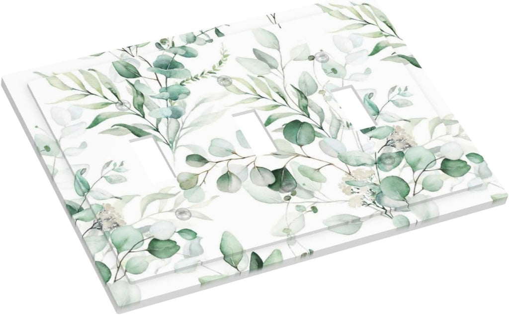 Boho Green Eucalyptus Leaf Floral Plants Flowers Decorative Switch Plates 3 Gang Wall Plate Triple Toggle Light Switch Cover Faceplate Electrical Wall Panels for Bed Room Living Room Decor
