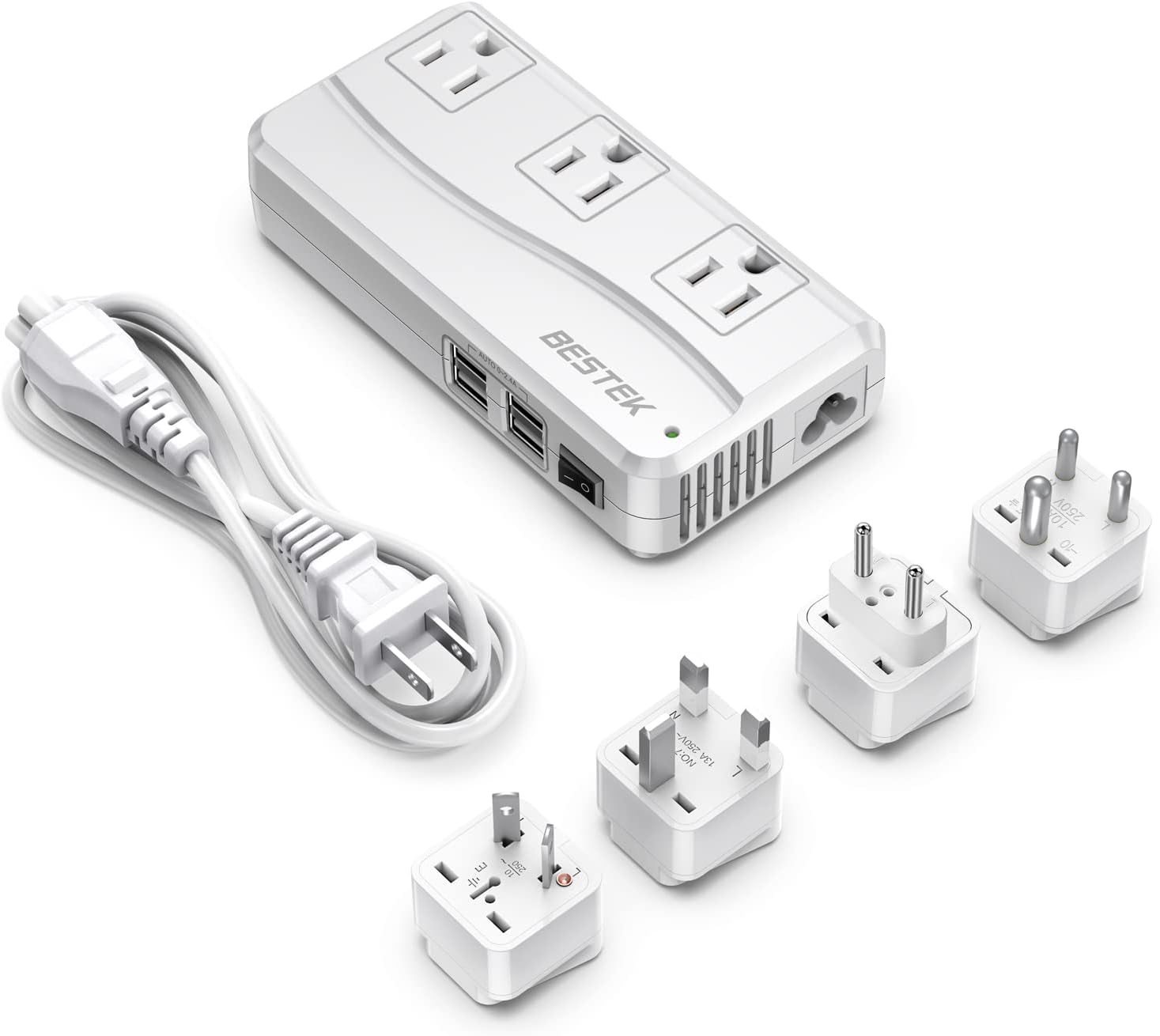 BESTEK Universal Travel Adapter 220V to 110V Voltage Converter with 6A 4-Port USB Charging and UK/AU/US/EU Worldwide Plug Adapter (White)