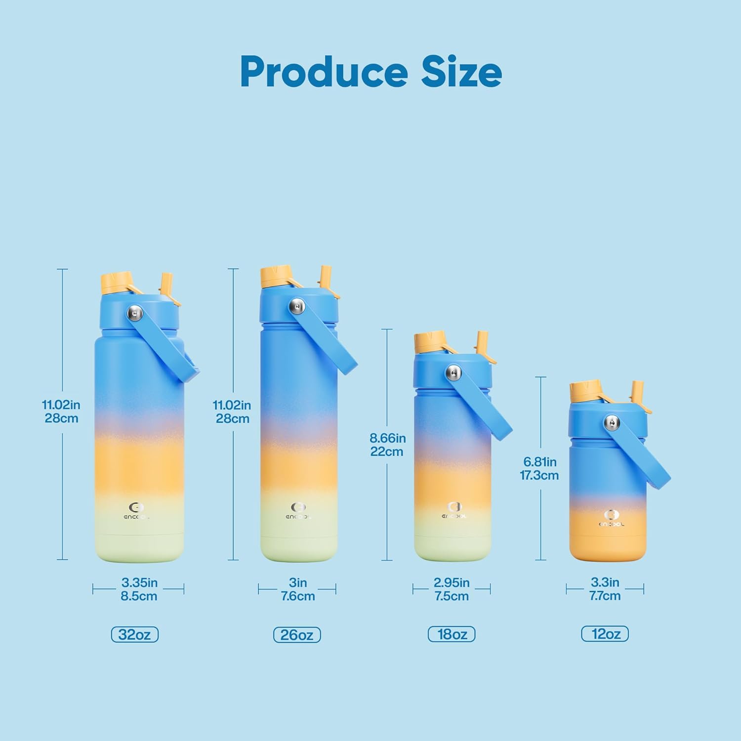 ENCOOL Insulated Water Bottle with Straw Stainless Steel Water Bottle, Leak-Proof, BPA-Free, Double Wall Vacuum Keeps Cold for 24 Hours for Sports, Travel, School (32 oz, Sunny Breeze)