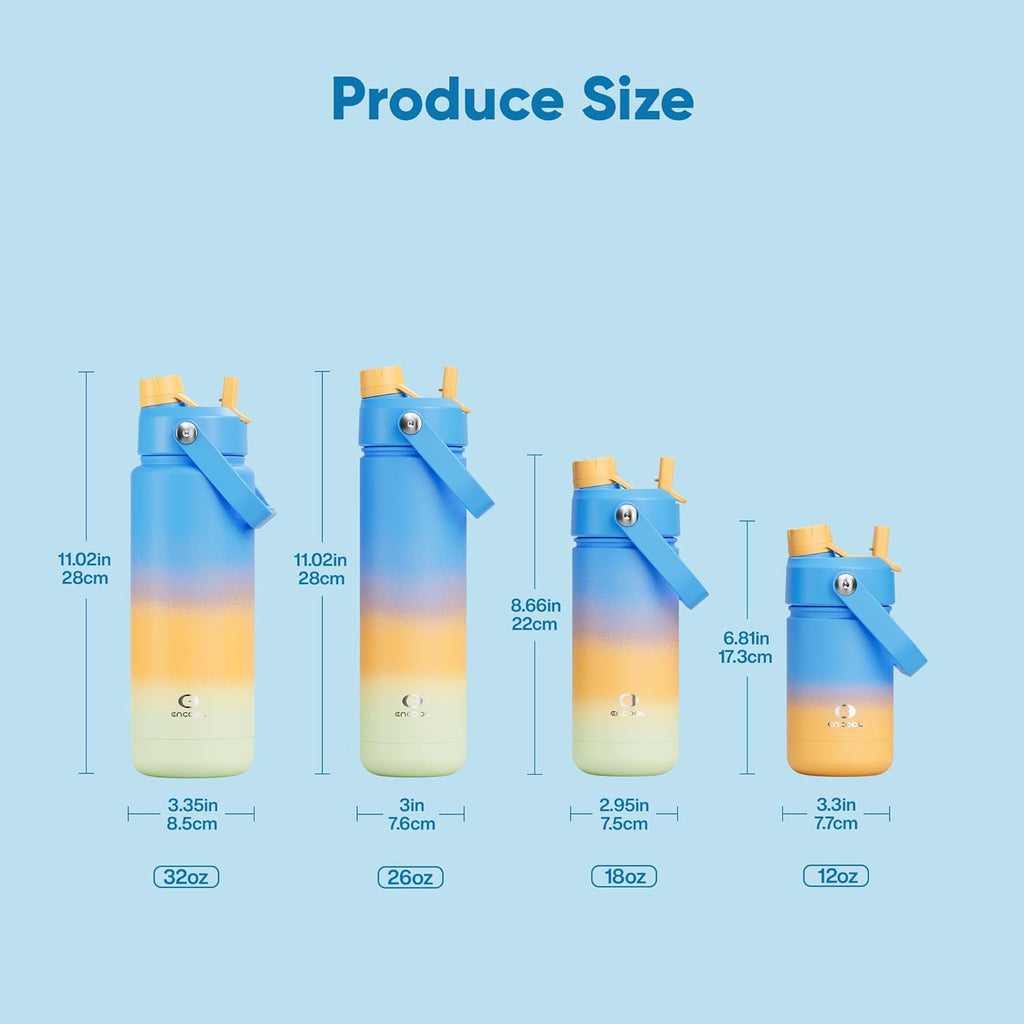 ENCOOL Insulated Water Bottle with Straw Stainless Steel Water Bottle, Leak-Proof, BPA-Free, Double Wall Vacuum Keeps Cold for 24 Hours for Sports, Travel, School (26 oz, Sunny Breeze)