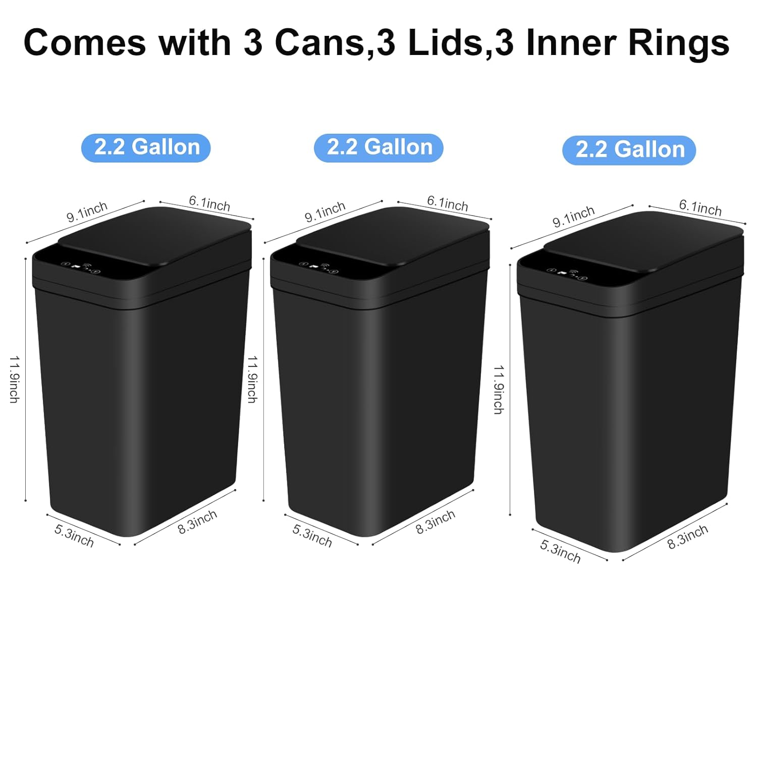 Bathroom Automatic Trash Can 3 Pack 2.2 Gallon Motion Sensor Touchless Small Slim Garbage Can with Lid Smart Electric Narrow Garbage Bin for Bedroom Living Room Office Kitchen (Black)