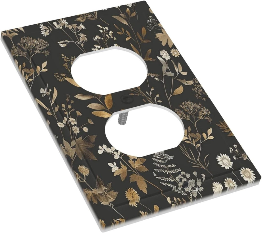 Outlet Covers Black Gold Floral Dark Leaves Vintage Flowers 1 Gang Duplex Light Switch Cover Decorative Switch Plates Electrical Receptacle Faceplate Wall Plate for Bed Room Home Decor