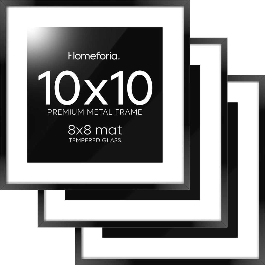Homeforia 10x10 Black Picture Frame, High End Metal 10 by 10 Square Frames with Mat 8 x 8 Opening, 10by10 Poster Frames Matted to 8x8 Photo, Wall or Tabletop Frames, Tempered Glass, Wall Kit, Set of 3