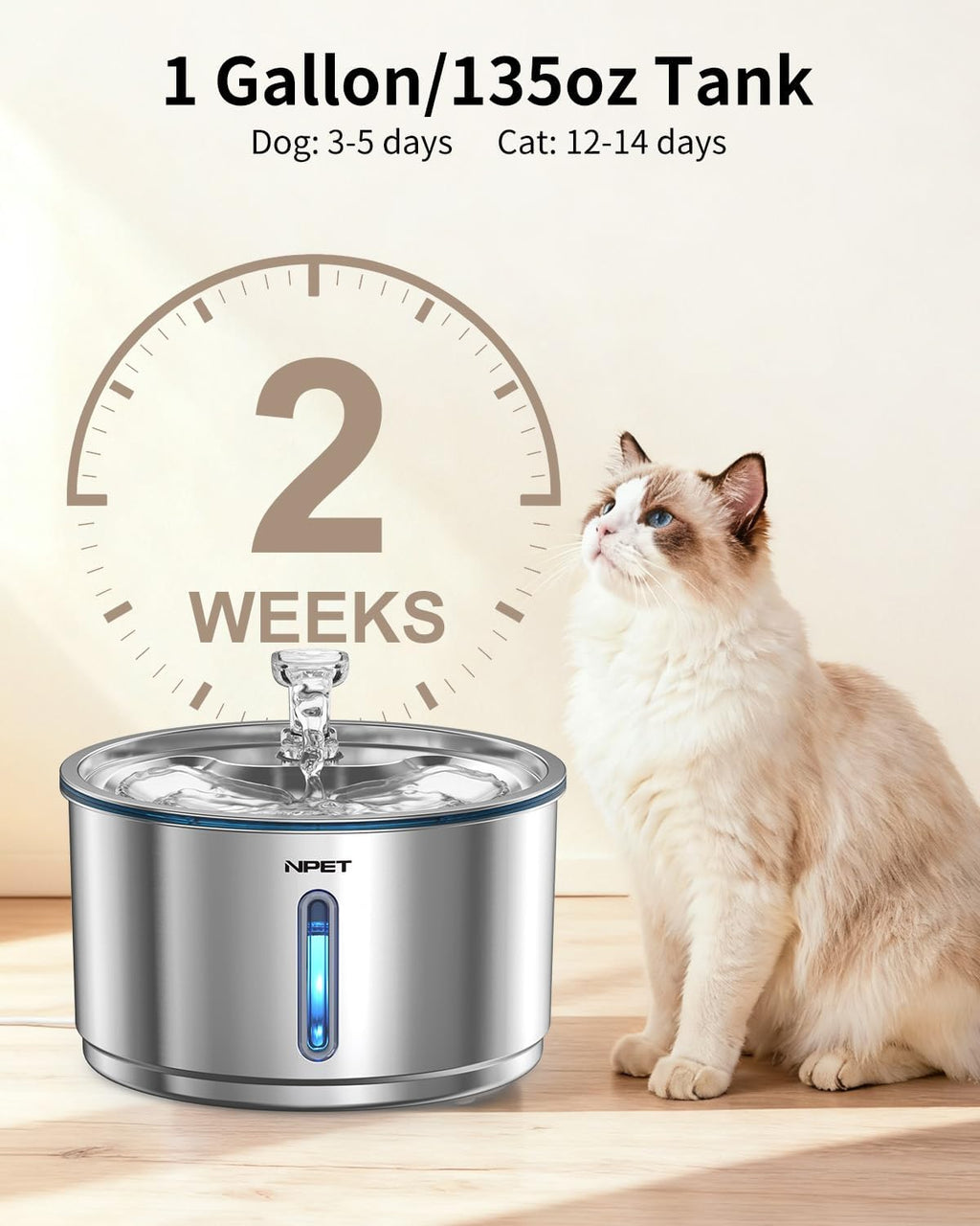 NPET Stainless Steel Cat Water Fountain, 1Gallon/135oz Automatic Pet Drinking Fountain Dog Water Dispenser with 4 Replacement Filters for Cats Indoor