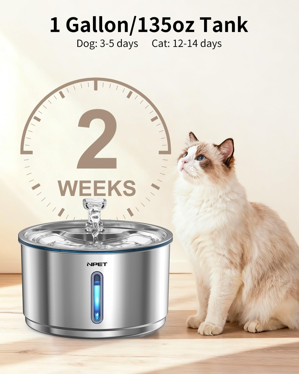 NPET Stainless Steel Cat Water Fountain, 1Gallon/135oz Automatic Pet Drinking Fountain Dog Water Dispenser with 4 Replacement Filters for Cats Indoor