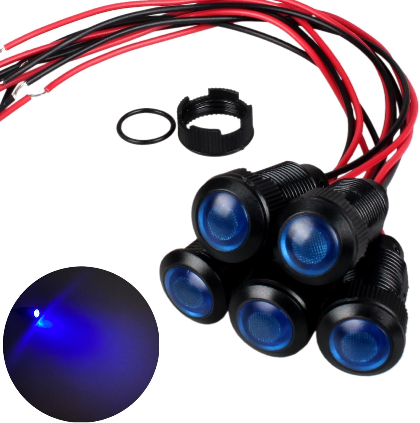 5pcs 12mm LED Indicator Light Plastic Black Signal Dot Lamp 110-220V AC 1/2 inches Mounting Hole Size with 15cm/5.9in. Wire (Blue LED)