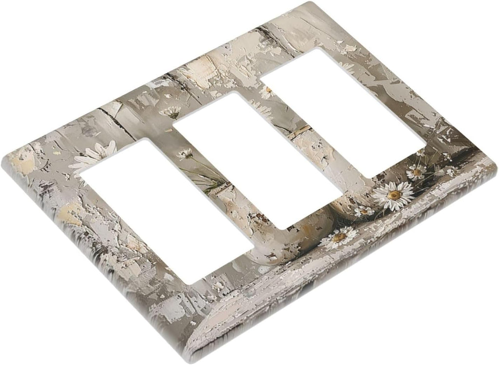 Light Switch Covers Vintage Rustic Floral White Daisy Flower Oil Painting Style 3 Gang Rocker Electrical GFCI Decorative Triple Outlet Wall Plate Cover Switchplate for Home Farmhouse Decor
