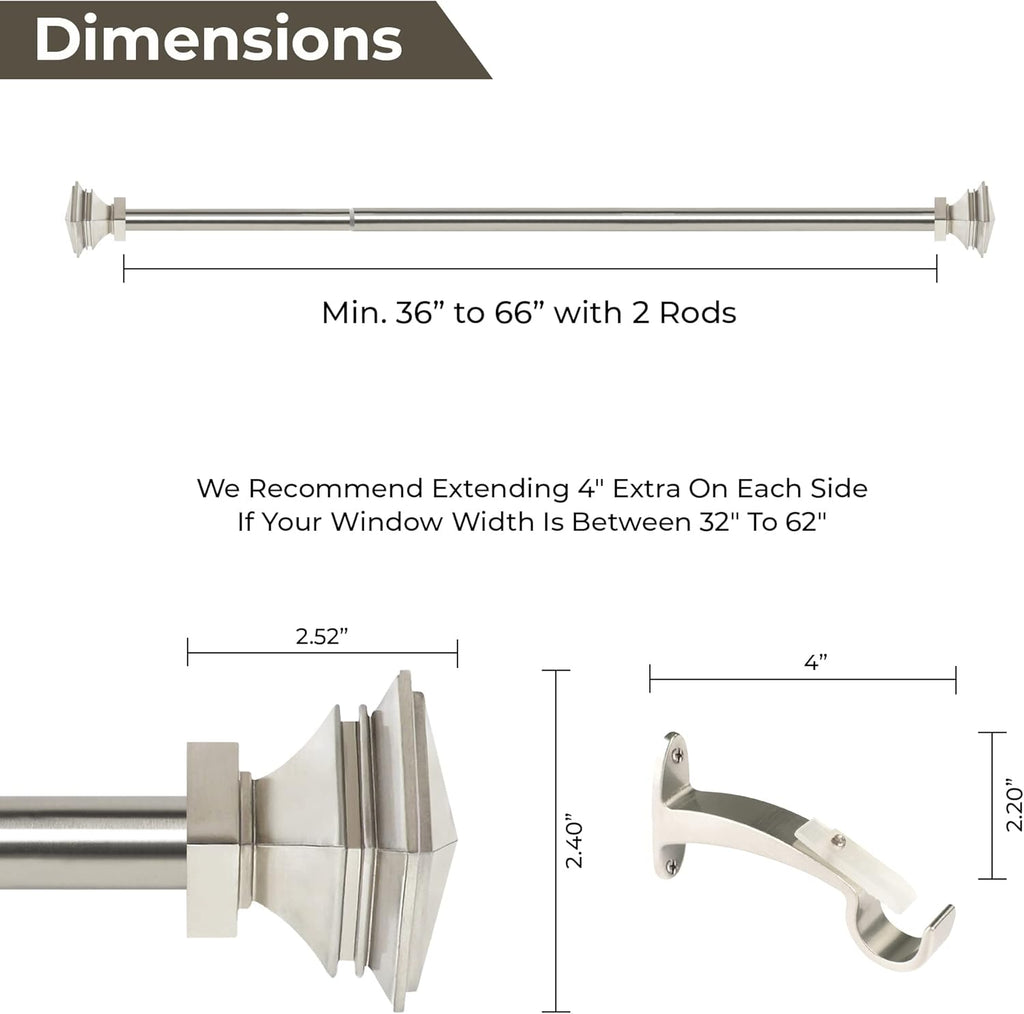 Deco Window 1 Inch Adjustable Satin Silver Curtain Rod for Windows & Doors Curtains with Square Finials & Brackets Set - 36" to 66"