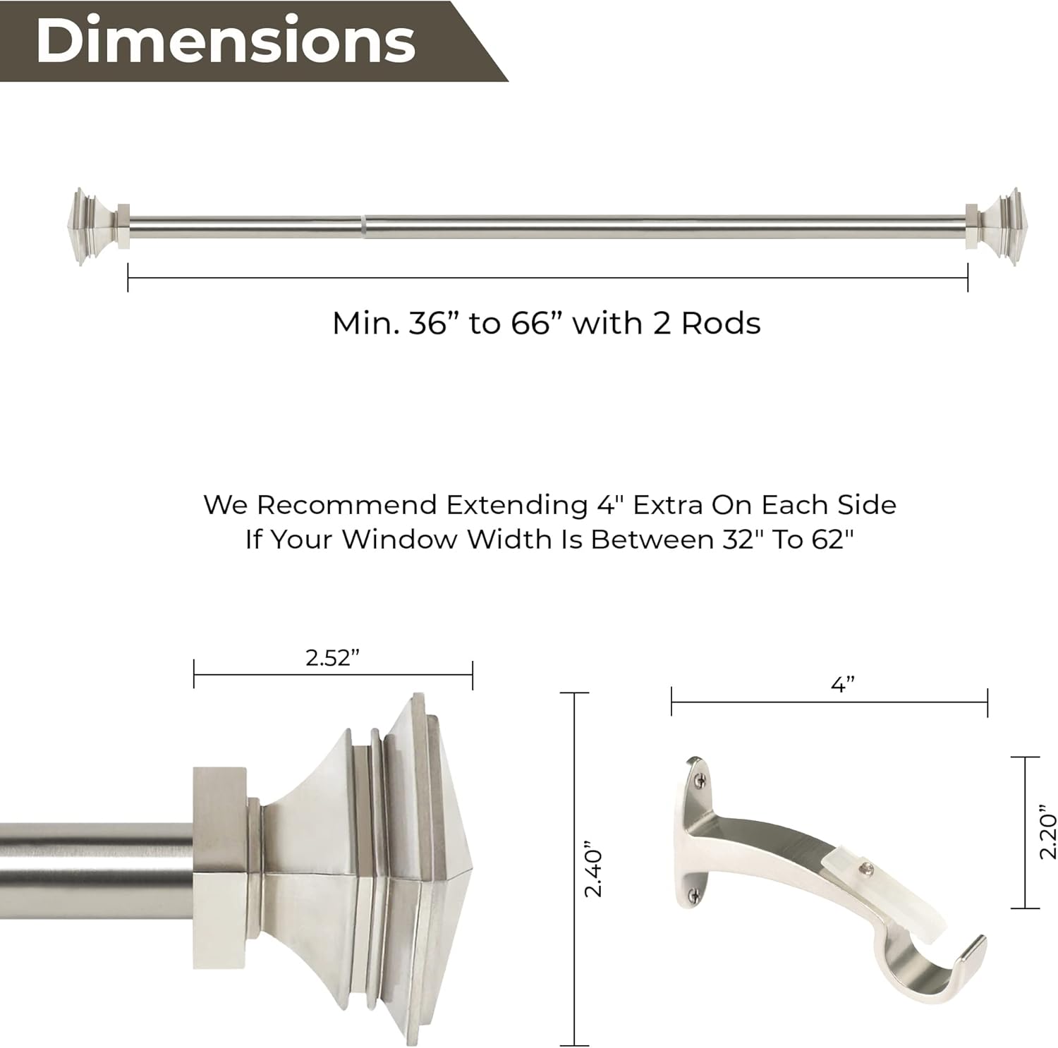 Deco Window 1 Inch Adjustable Satin Silver Curtain Rod for Windows & Doors Curtains with Square Finials & Brackets Set - 36" to 66"