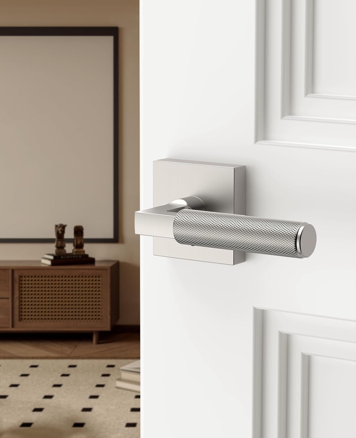 Asidrama 1 Pack Brushed Satin Nickel Privacy Door Handles, Door Lever with Door Knobs Indoor for Bedroom or Bathroom, Heavy Duty Door Handles Interior with Locks for Left Right Sided Doors