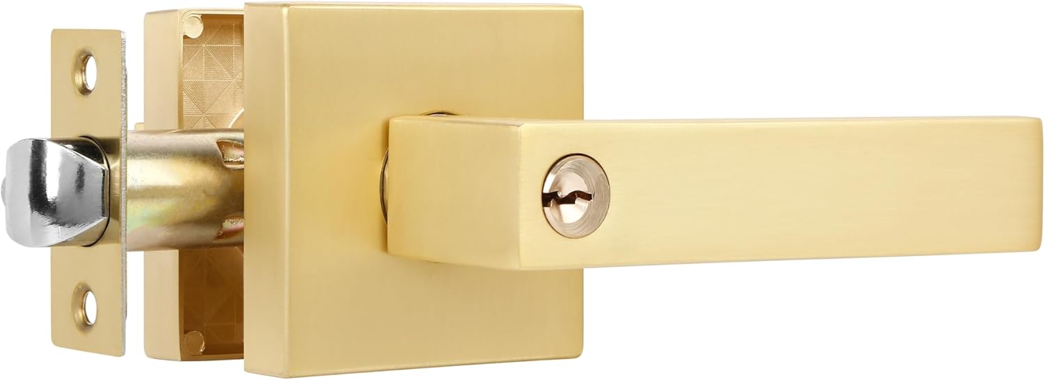 1 Pack Brushed Gold Door Knobs Heavy Square Gold Door Knob with Lock, Left/Right Hand Reversible, Door Lever for Front/Exterior, Gold Door Handles Interior
